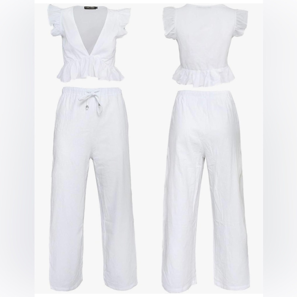 2pc White Split Leg Crop Top Set